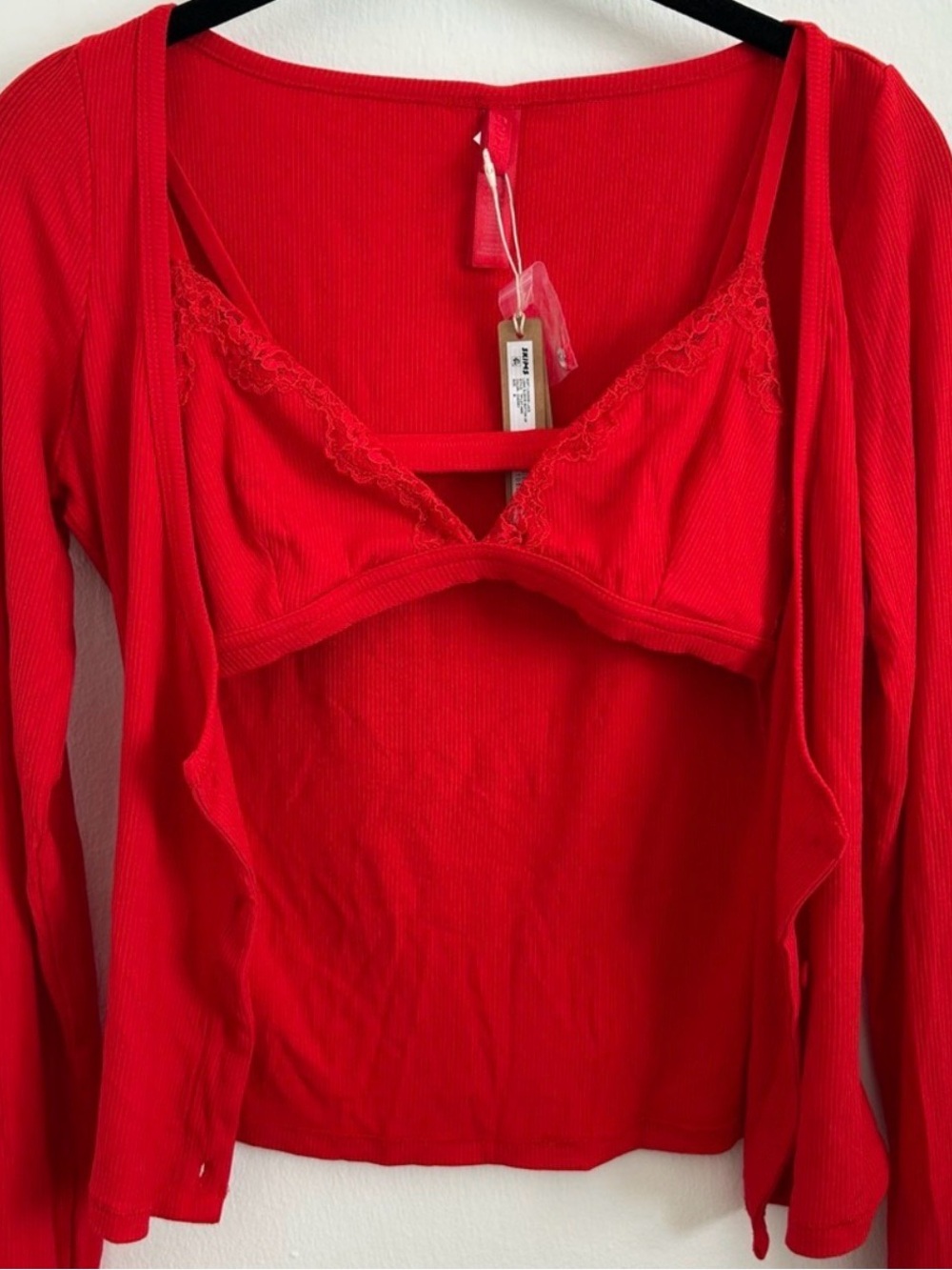 Red Lace-Trim Ribbed Blouse